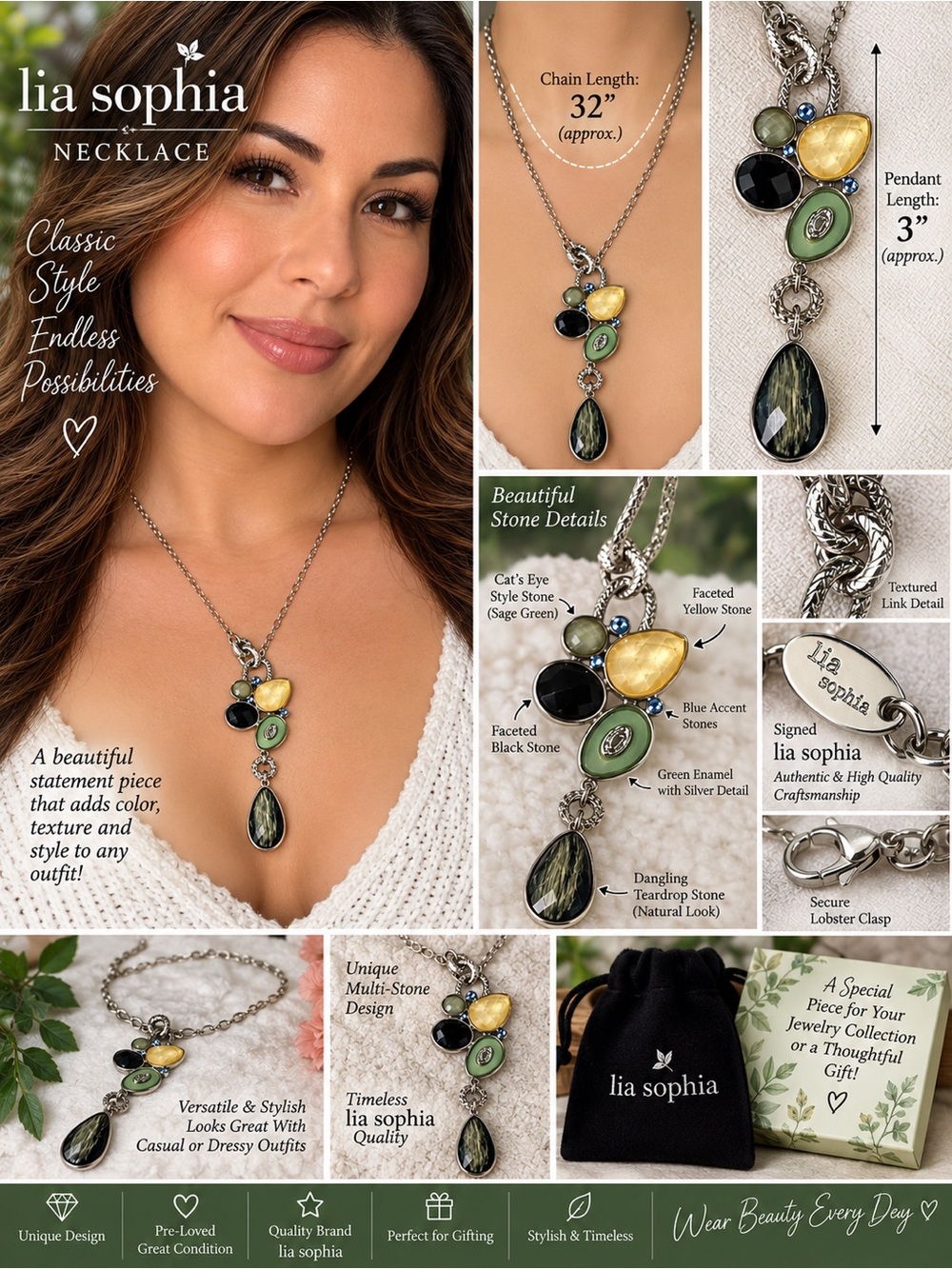 Lia Sophia Green, Yellow & Black Multi-Stone Pendant Necklace